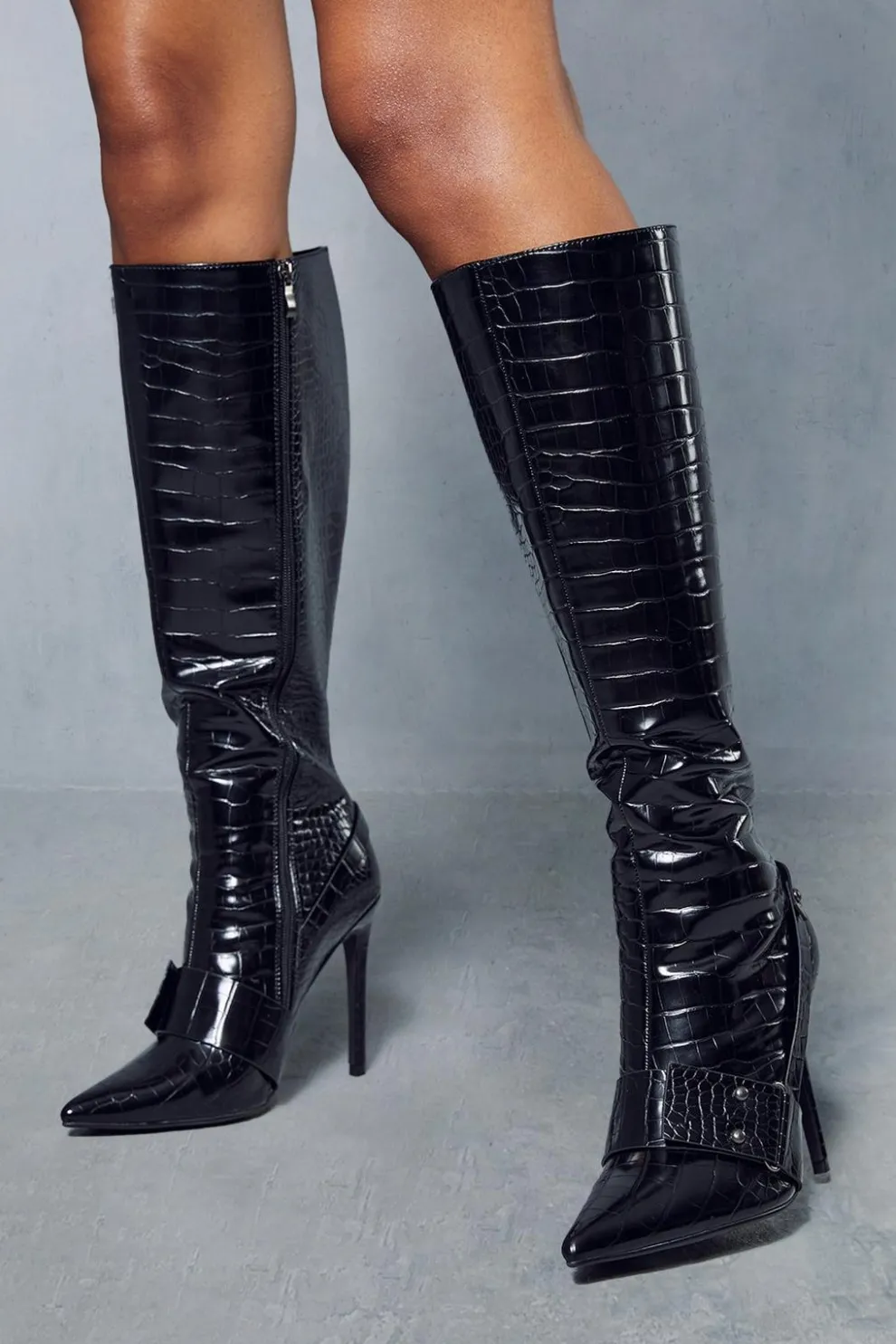 Leather Look Croc Heeled Boots | Nasty Gal