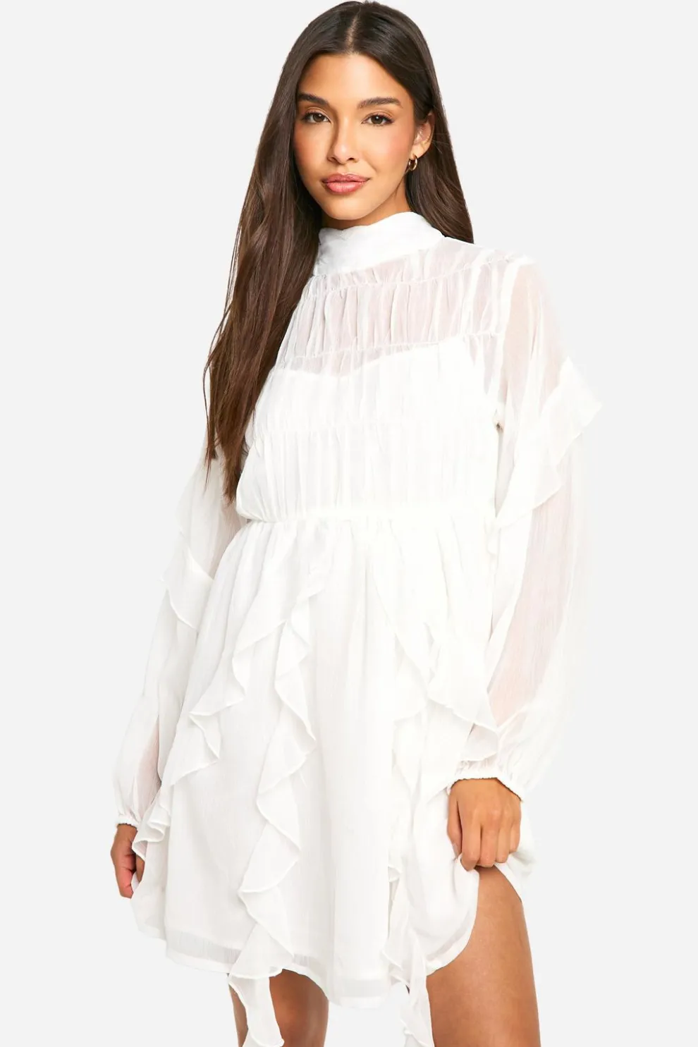 Crinkle Chiffon Funnel Neck Ruffle Smock Dress | Nasty Gal