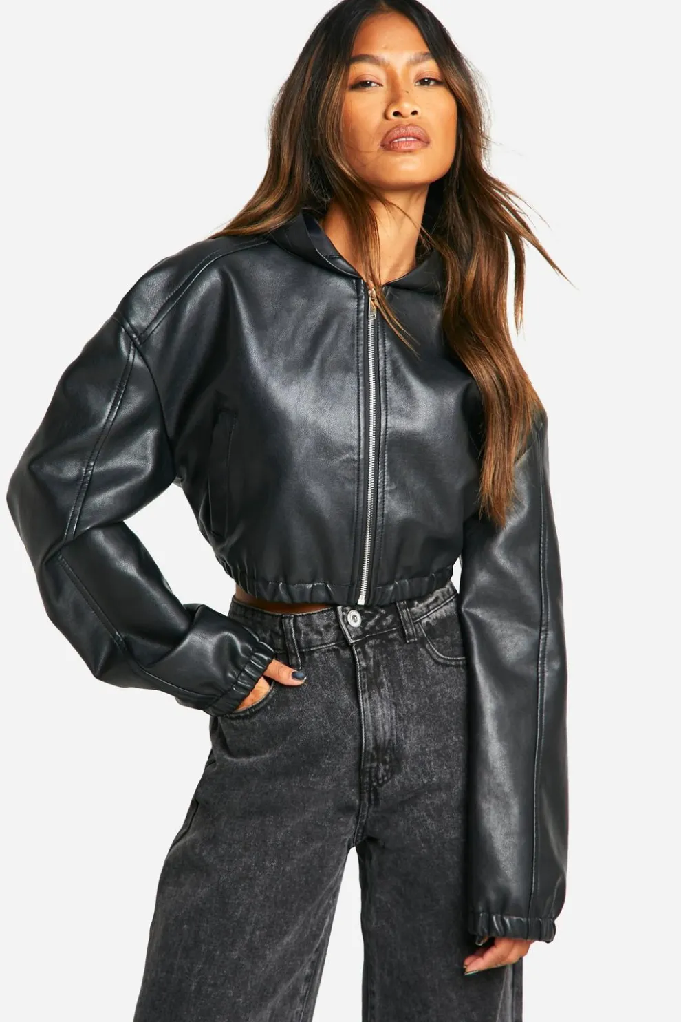Hooded Faux Leather Bomber Jacket | Nasty Gal