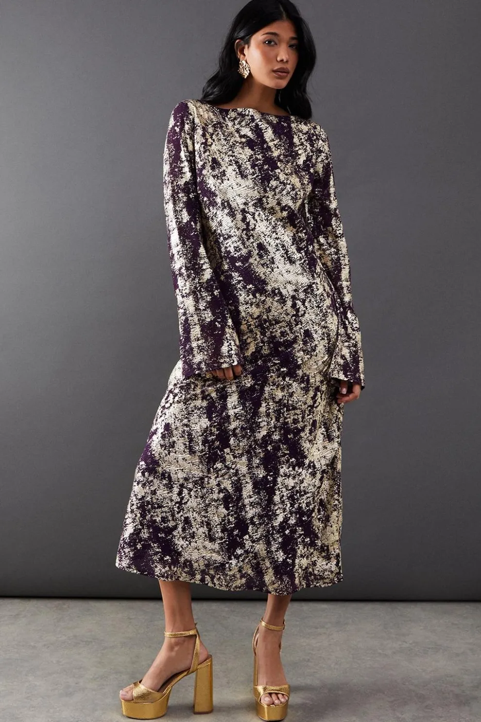 Metallic Chiffon Slash Neck Bias Midi Dress | Nasty Gal