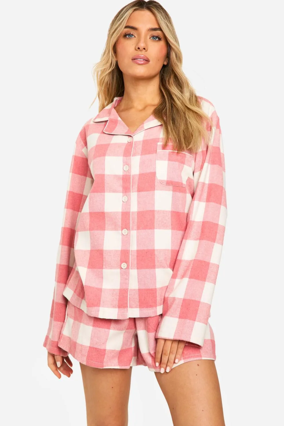 Pink Check Flannel Long Sleeve Shirt & Shorts Pyjama Set | Nasty Gal