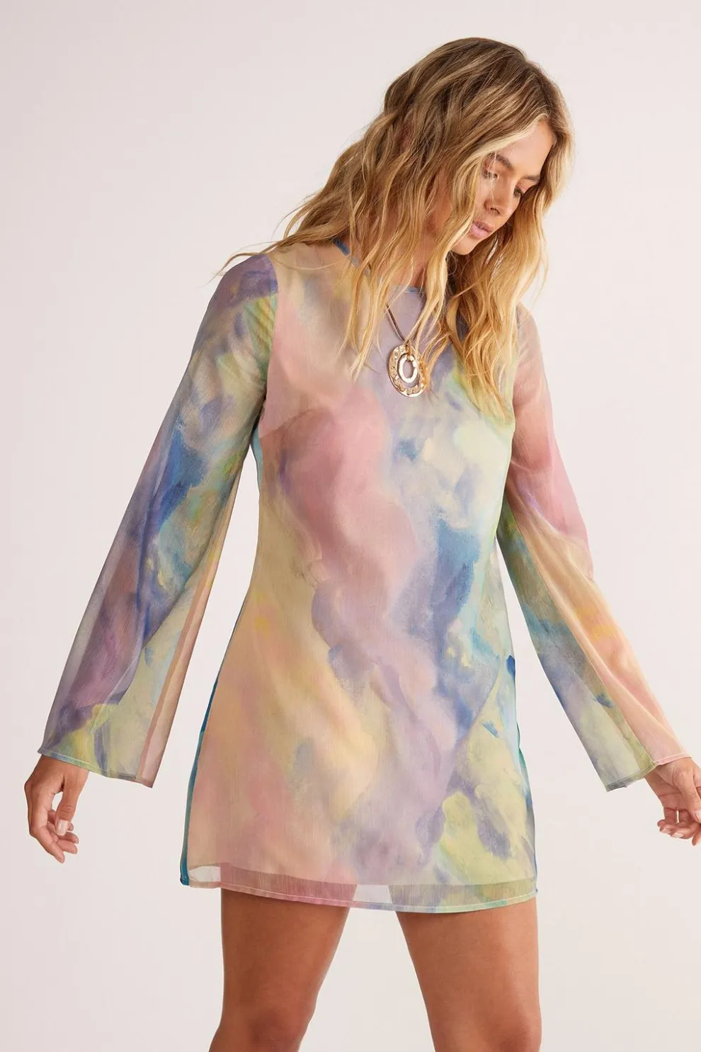 Chiffon Marble Print Flared Sleeve Tunic Mini Dress | Nasty Gal
