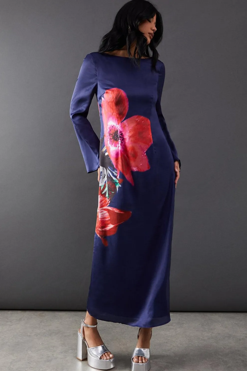 Floral Placement Print Satin Midi Dress | Nasty Gal