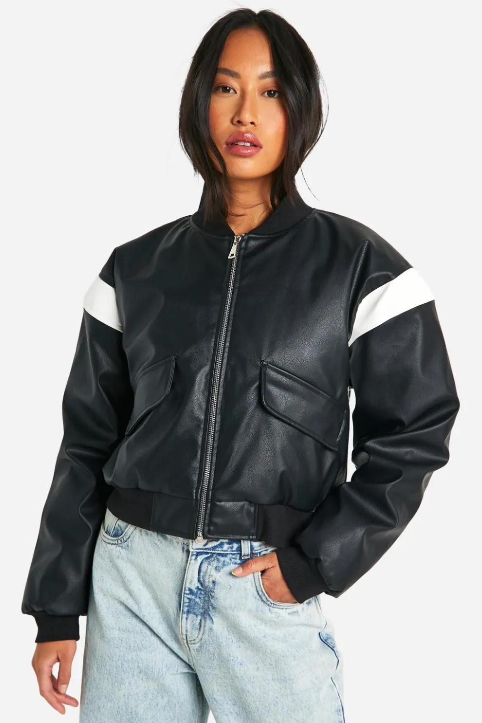 Faux Leather Cropped Moto Detail Bomber Jacket | Nasty Gal