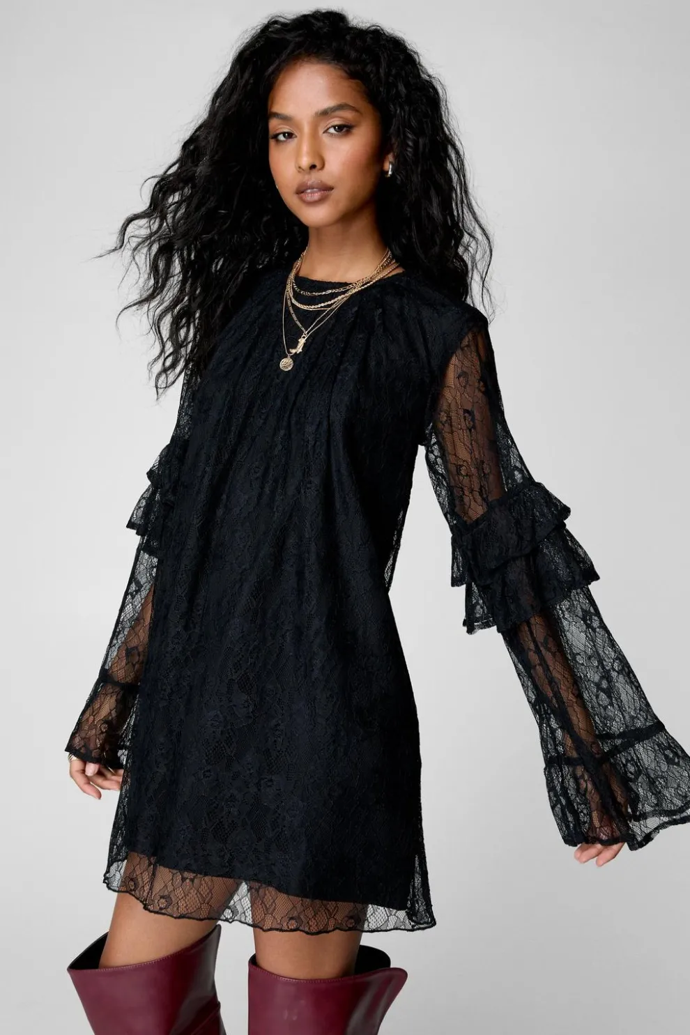 Lace Ruffle Fluted Sleeve Tunic Mini Dress | Nasty Gal