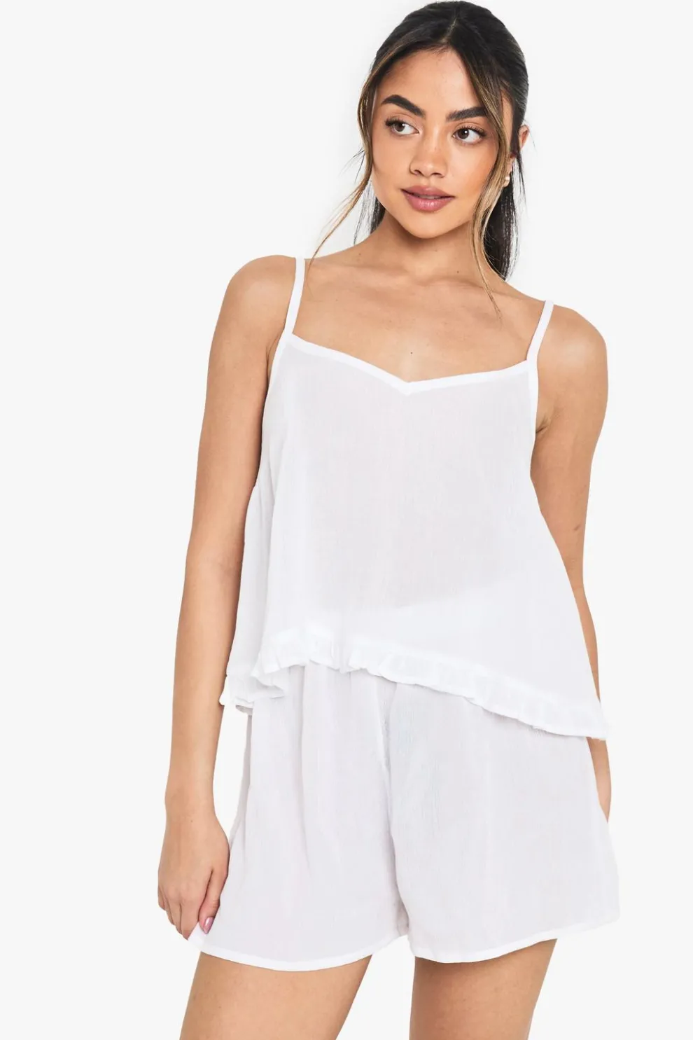 Bridal Textured Cheesecloth Ruffle Detail Cami Top & Shorts Pyjama Set | Nasty Gal