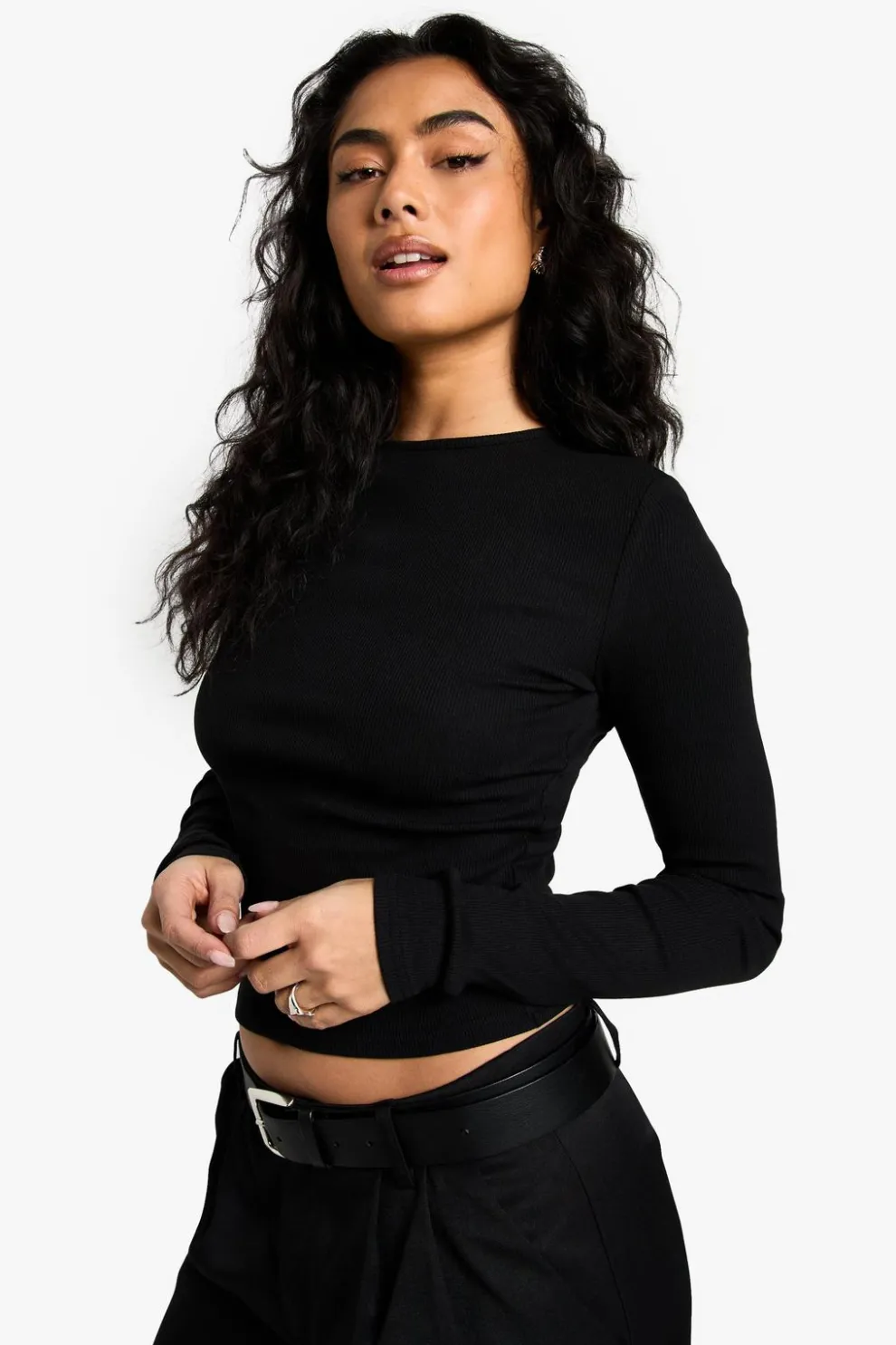 Boohoo Basics Rib Long Sleeve Crew Neck Crop Top | Nasty Gal