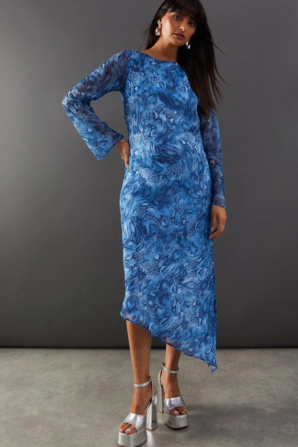 Chiffon Snake Print Asymmetric Hem Flute Sleeve Midi Dress | Nasty Gal