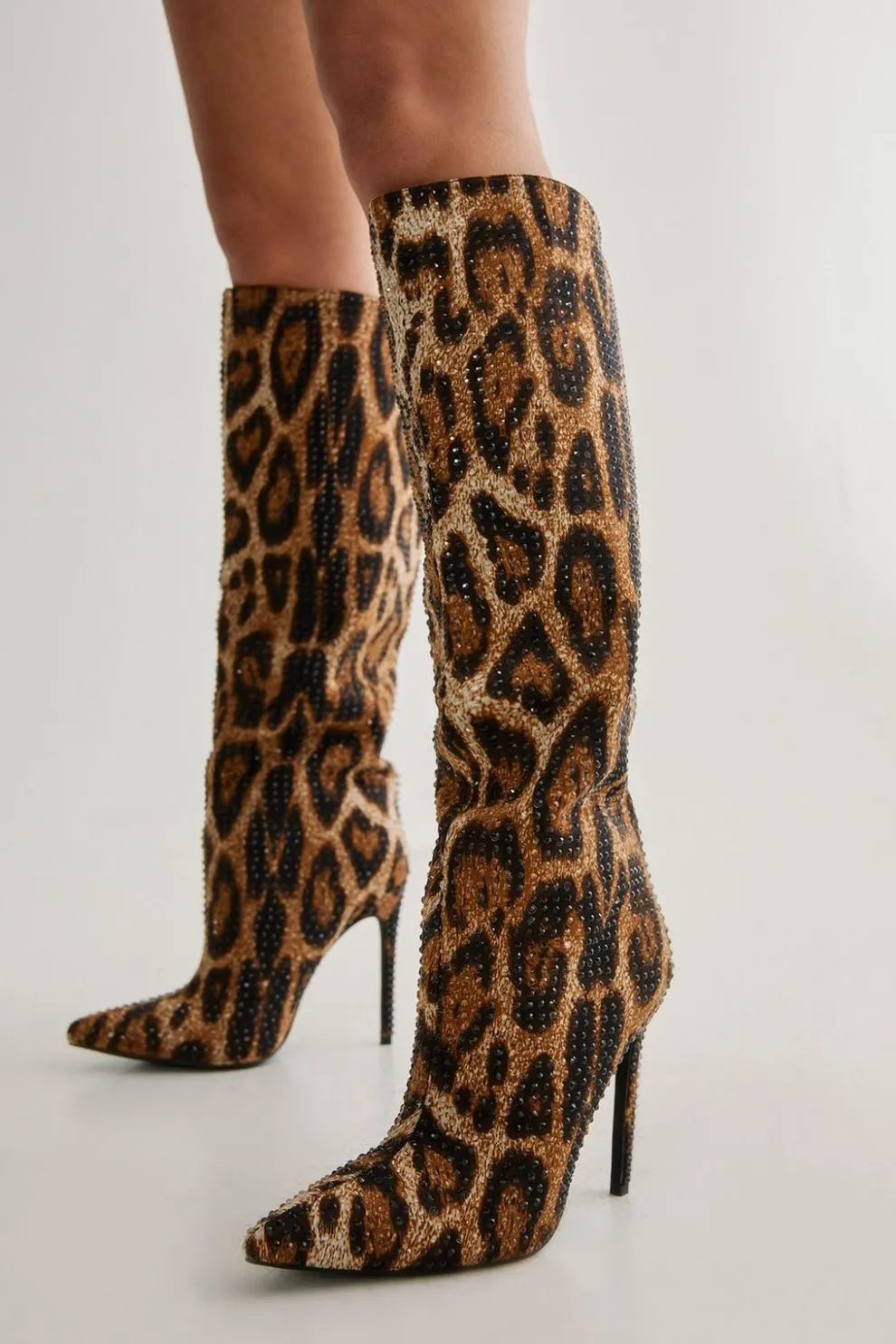 Diamante Embellished Leopard Print Knee High Heeled Boot | Nasty Gal