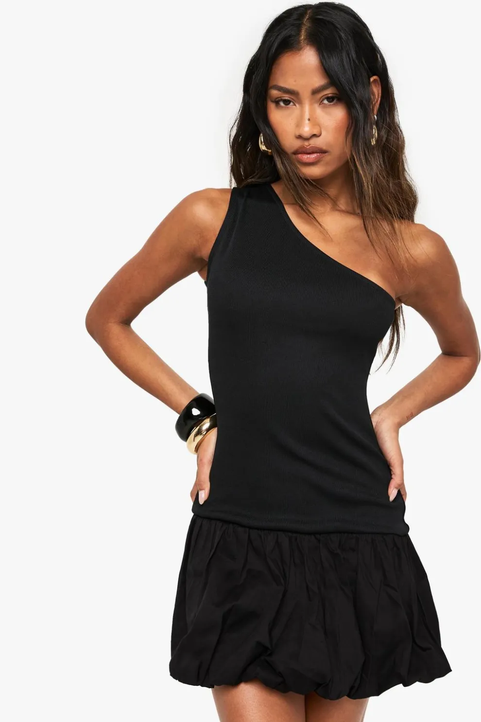 Jersey Rib Cotton Mix One Shoulder Puffball Mini Dress | Nasty Gal