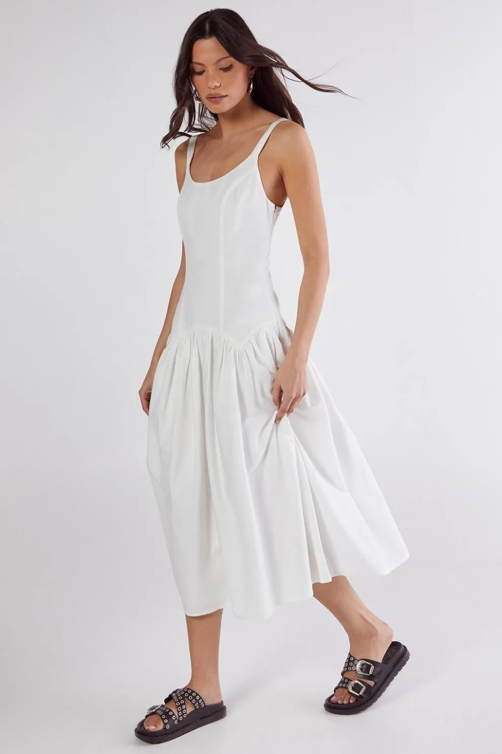 Linen Mix Drop Waist Seamed Midi Dress | Nasty Gal