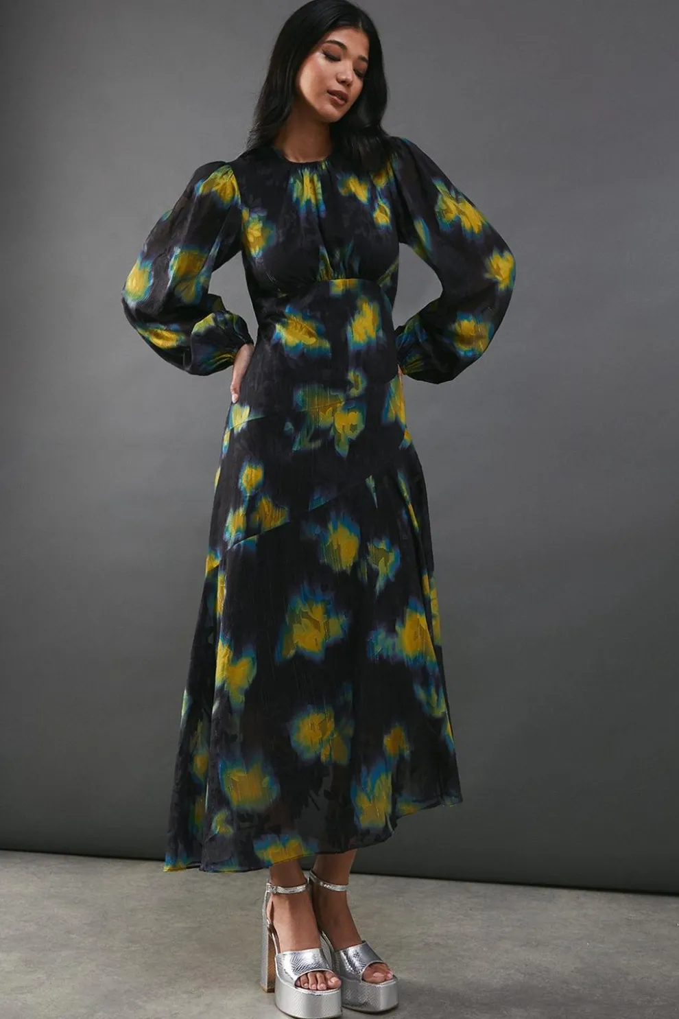 Metallic Burnout Chiffon Asymmetric Hem Midi Dress | Nasty Gal