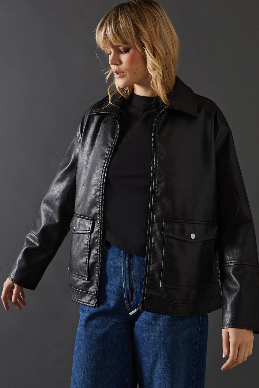 Whipstitch Faux Leather Zip Through Jacket | Nasty Gal