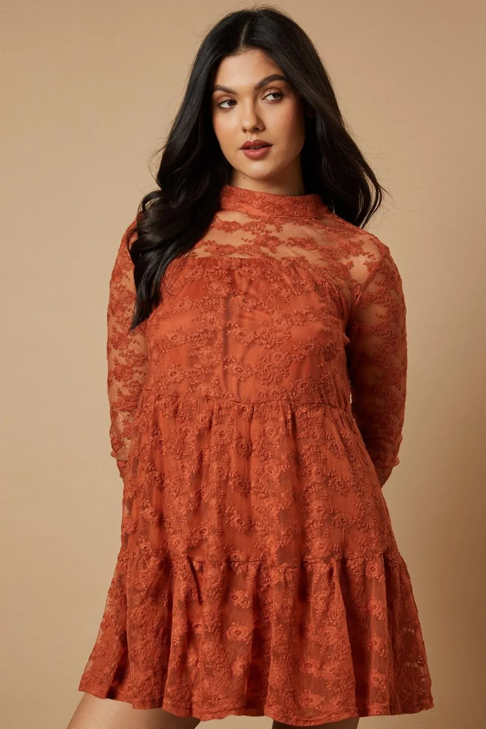 Embroidered Mesh High Neck Tier Smock Mini Dress | Nasty Gal