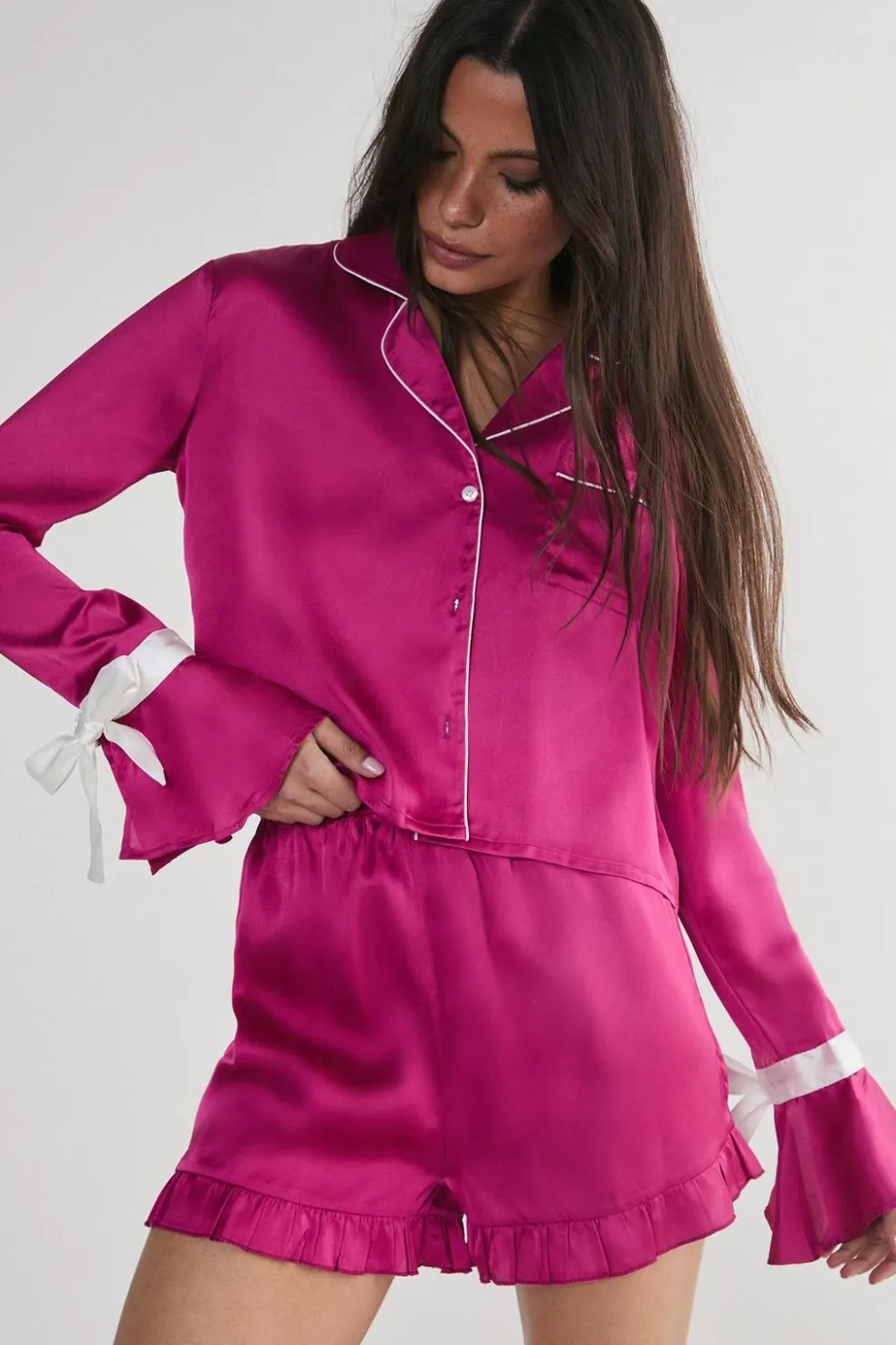 Satin Contrast Piping Tie Sleeve Ruffle Pajama Shorts Set | Nasty Gal