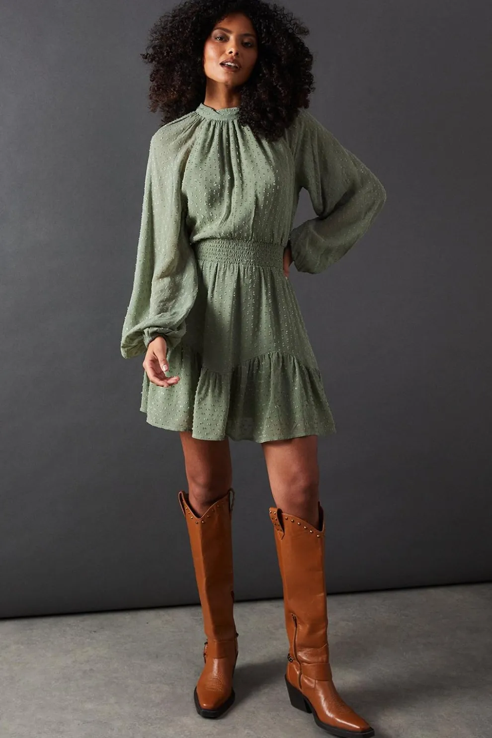 Tufted Dobby Chiffon Shirred Waist Flippy Hem Mini Dress | Nasty Gal