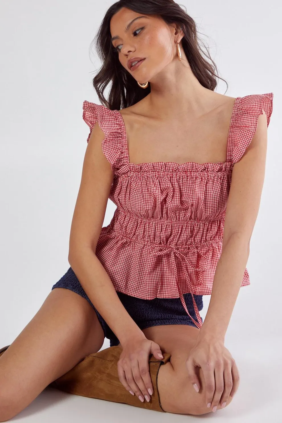 Gingham Ruched Tie Front Top | Nasty Gal