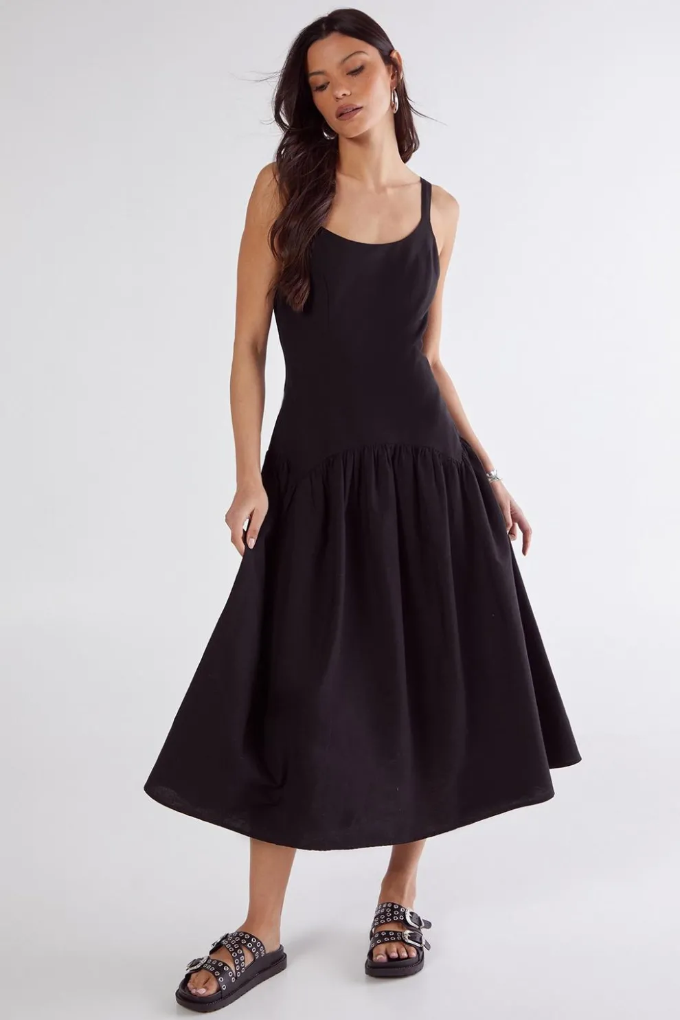 Linen Mix Drop Waist Seamed Midi Dress | Nasty Gal