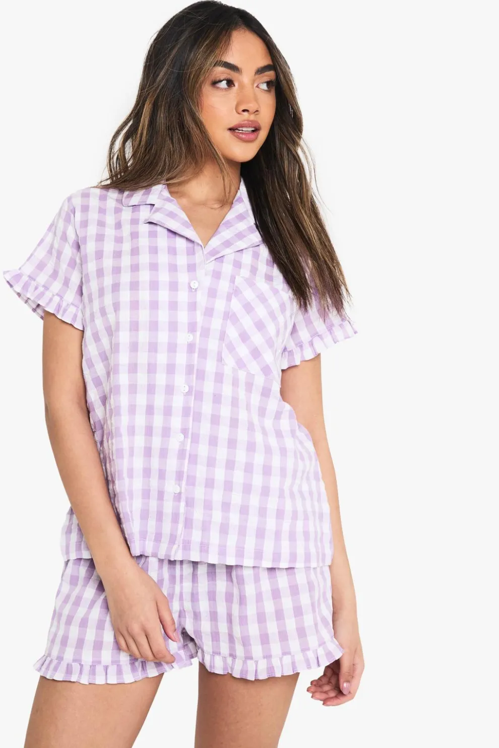 Gingham Seersucker Ruffle Detail Short Sleeve Shirt & Shorts Pyjama Set | Nasty Gal