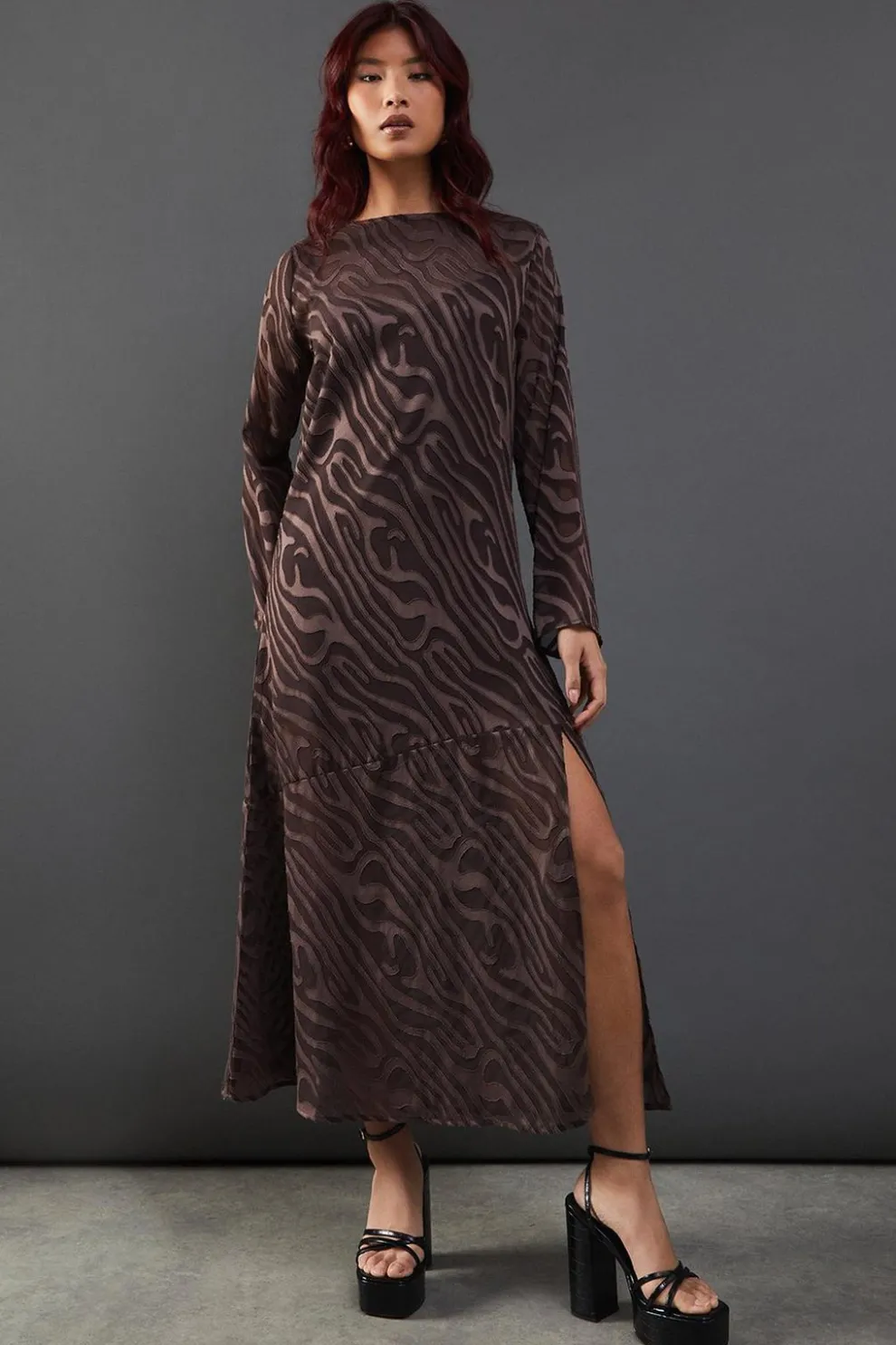 Petite Burnout Chiffon Column Long Sleeve Maxi Dress | Nasty Gal