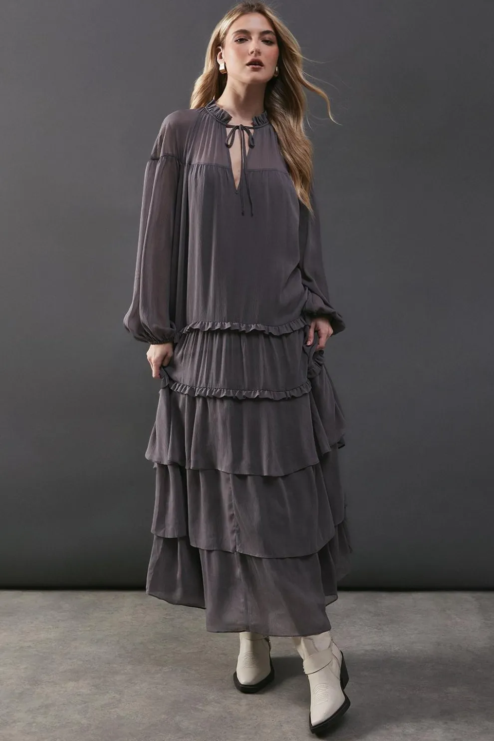 Premium Chiffon Tie Neck Tier Smock Maxi Dress | Nasty Gal