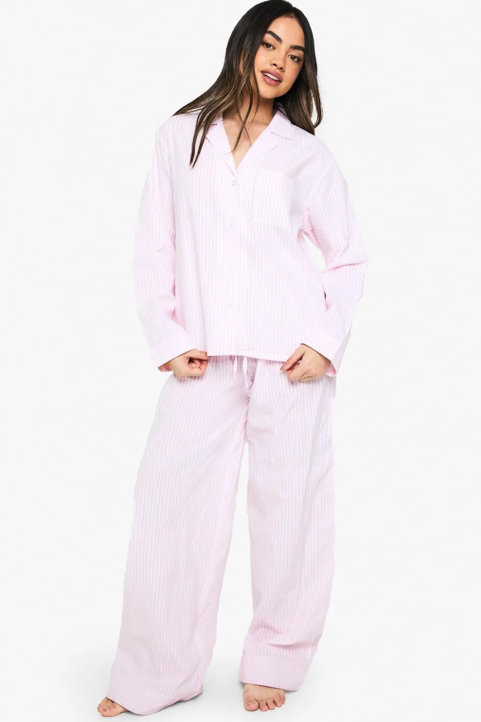 Seersucker Stripe Long Sleeve Shirt & Trousers Pyjama Set | Nasty Gal
