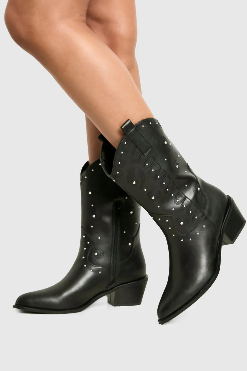 Studded Embossed Detail Heeled Western Boots | Nasty Gal