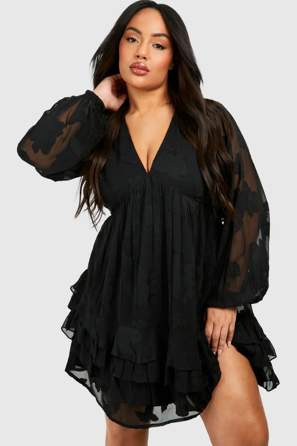 Plus Woven Jaquard Ruffle Hem Long Sleeve Mini Dress | Nasty Gal