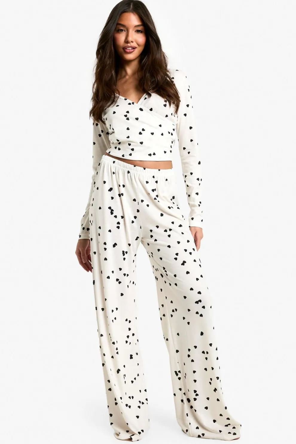 Heart Print Long Sleeve Wrap Top & Trousers Pyjama Set | Nasty Gal