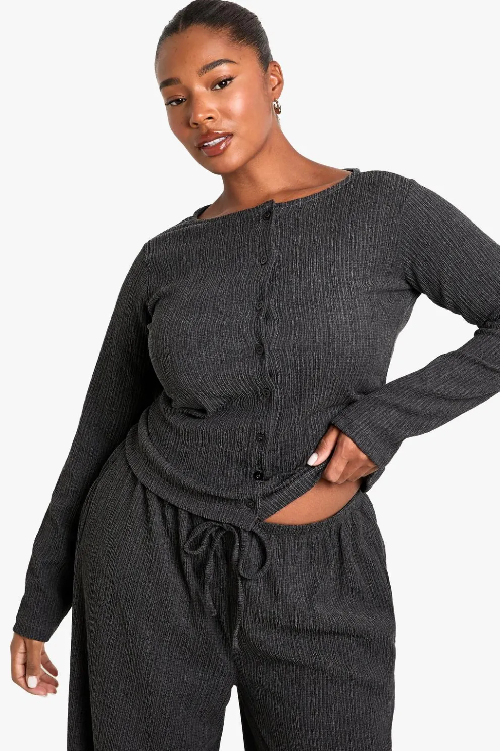 Plus Button Through Long Sleeve Textured Top | Nasty Gal