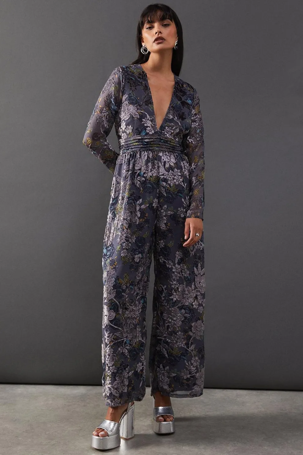 Burnout Velvet Plunge Neck Waisted Jumpsuit | Nasty Gal