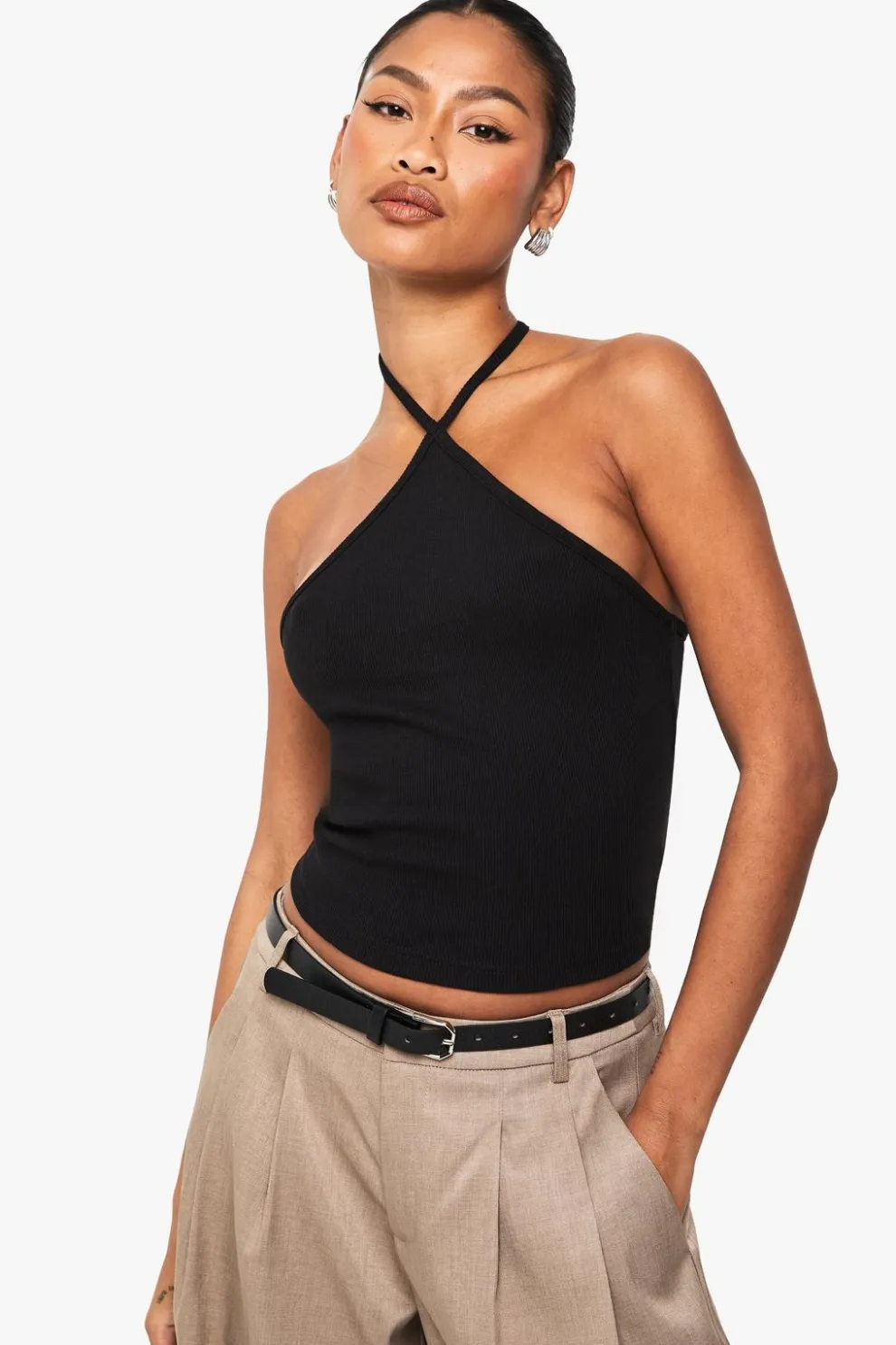 Boohoo Basics Rib Strappy Halterneck Vest Top | Nasty Gal