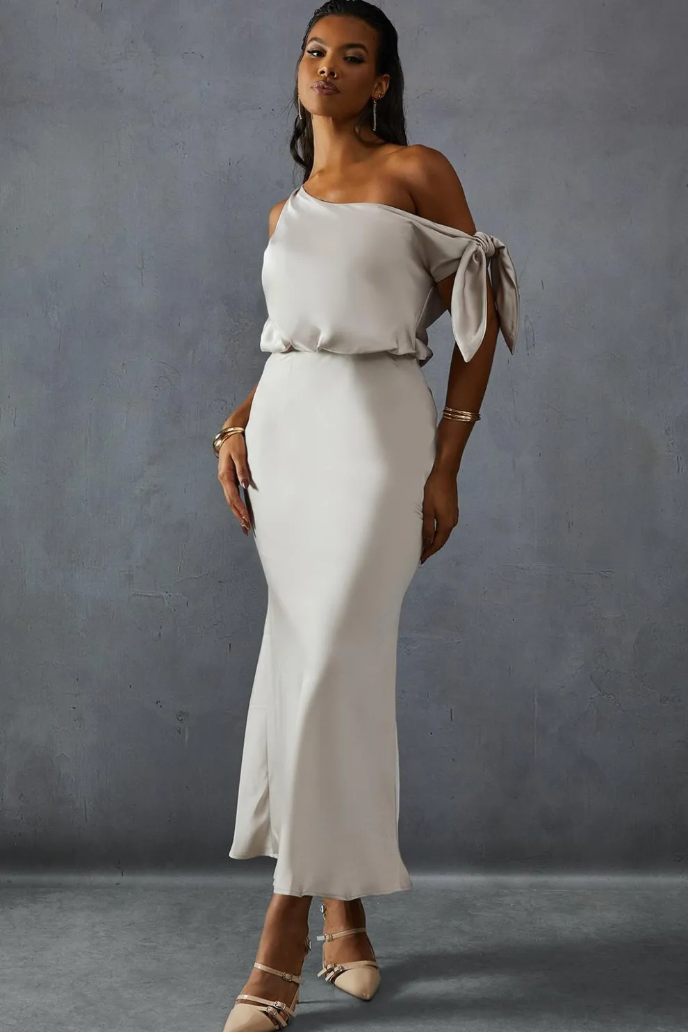 Premium Satin Off Shoulder Fishtail Bridesmaid Dress | Nasty Gal