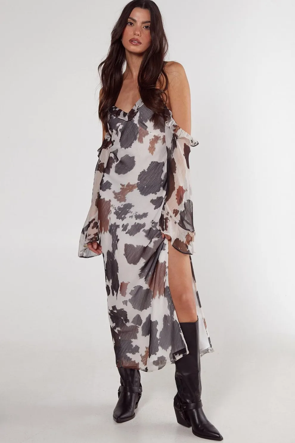 Cow Chiffon Cold Shoulder Bias Cut Split Maxi Dress | Nasty Gal