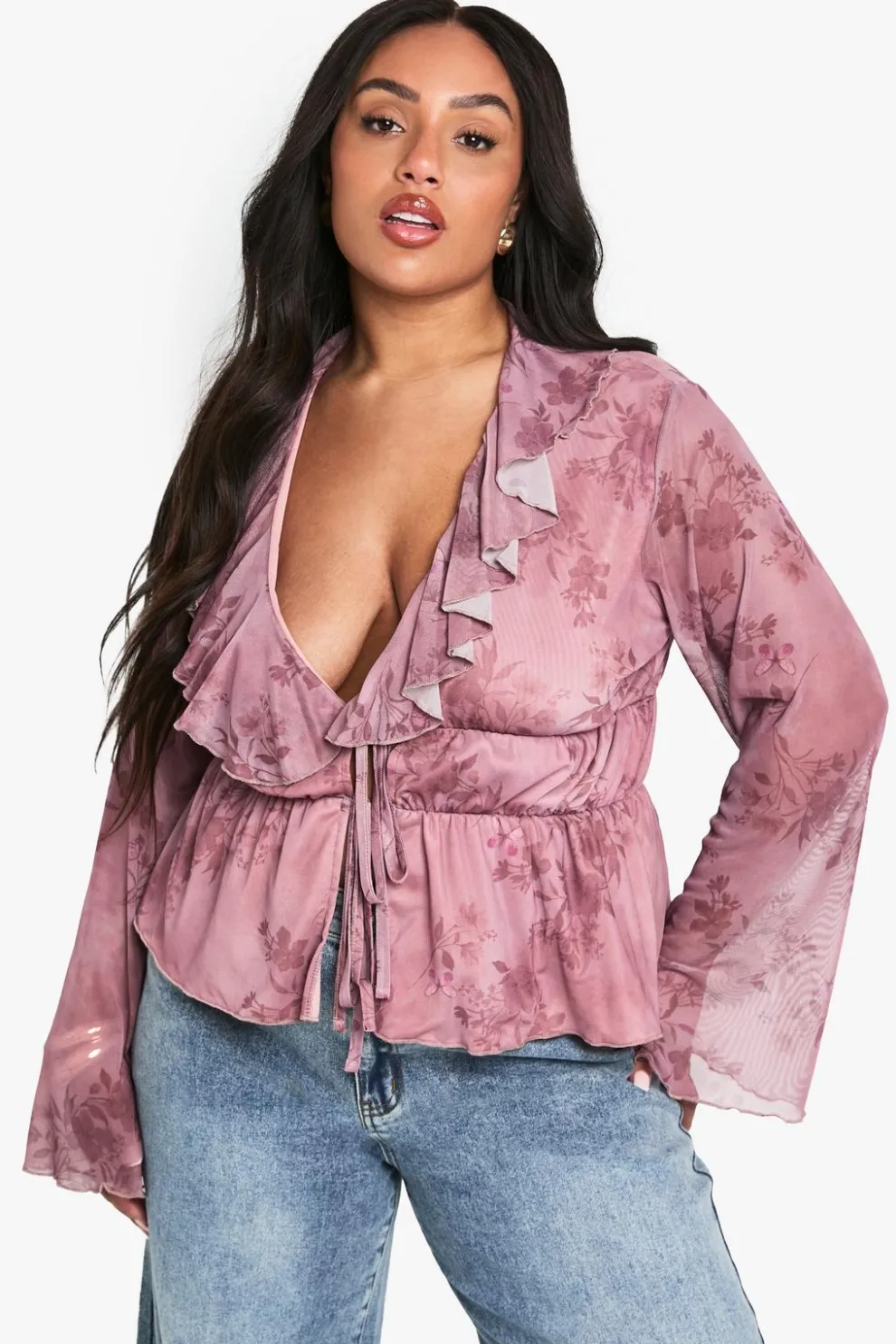 PLUS RUFFLE TIE DETAIL FLARED SLEEVE TOP | Nasty Gal
