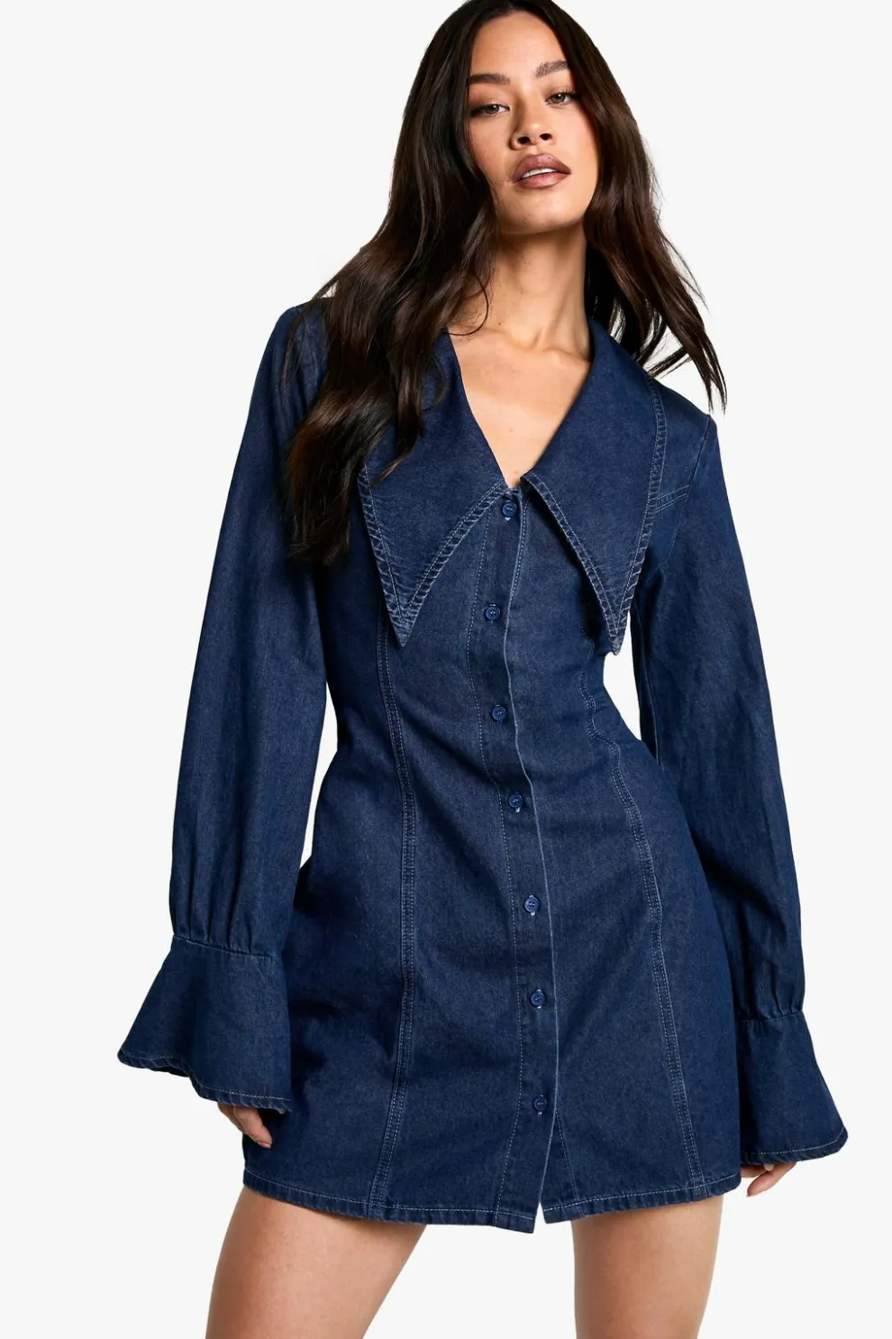 Tall Collar Detail Denim Shift Dress | Nasty Gal