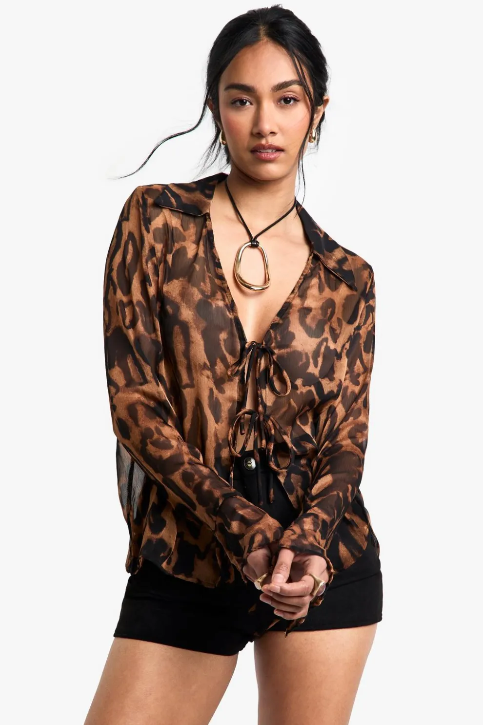 Leopard Printed Woven Long Sleeve Collared Top with Tie Front Detail | Nasty Gal
