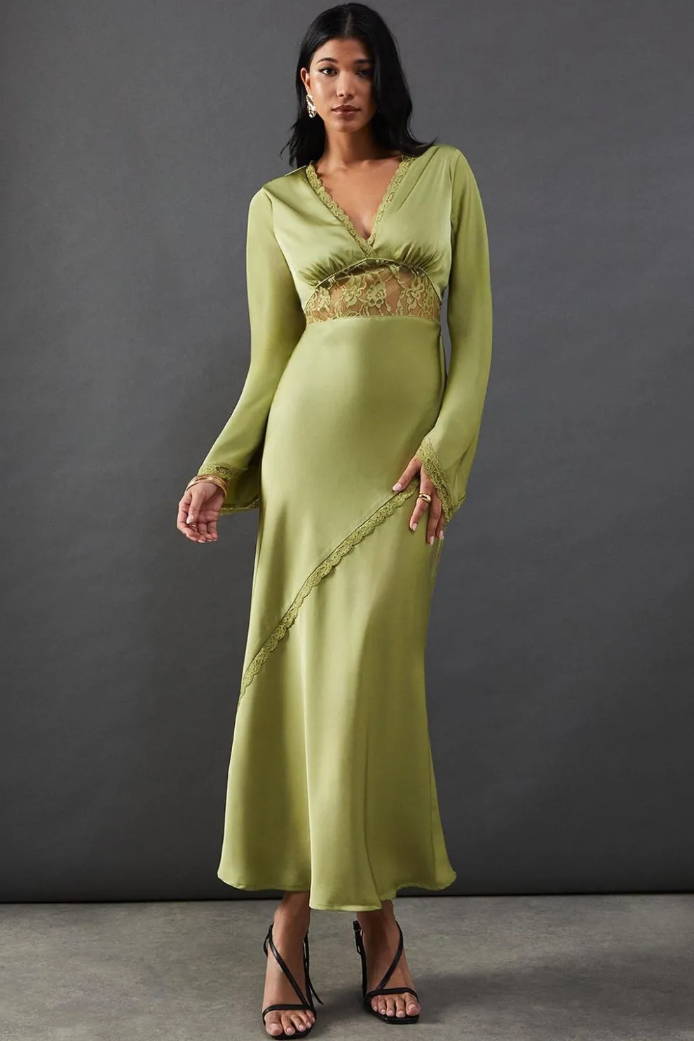 Satin Lace Insert Flute Sleeve Midi Dress | Nasty Gal