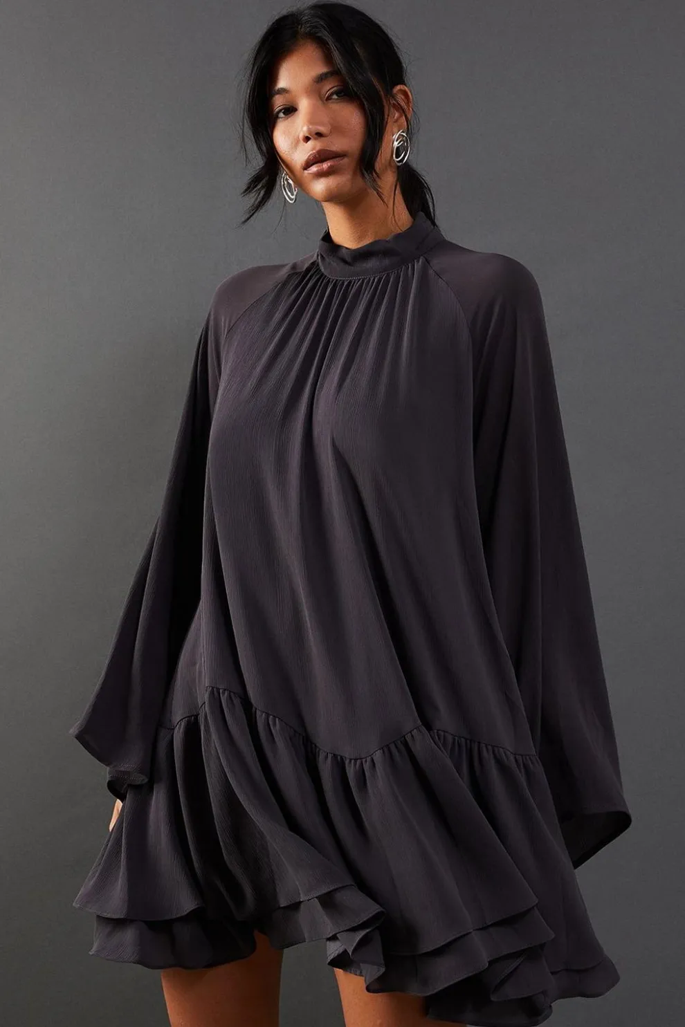 Chiffon Drop Hem High Neck Flare Sleeve Mini Swing Dress | Nasty Gal