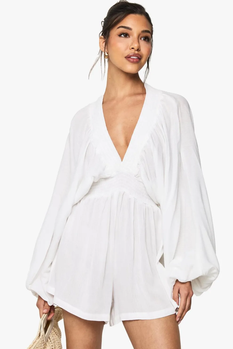 Cheescloth Plunge Long Sleeve Playsuit | Nasty Gal