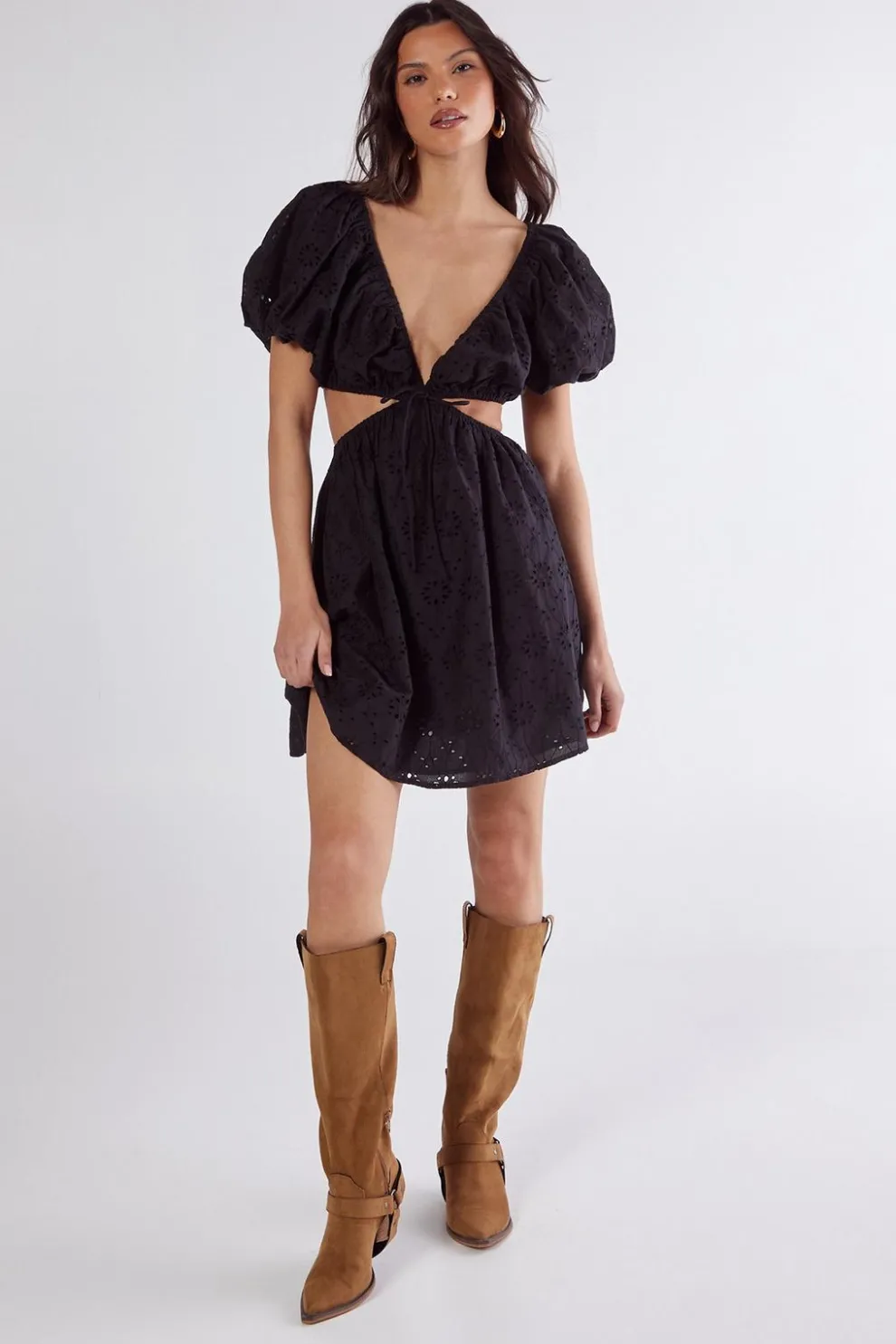 Broderie Cut Out Tie Front Puff Sleeve Skater Dress | Nasty Gal