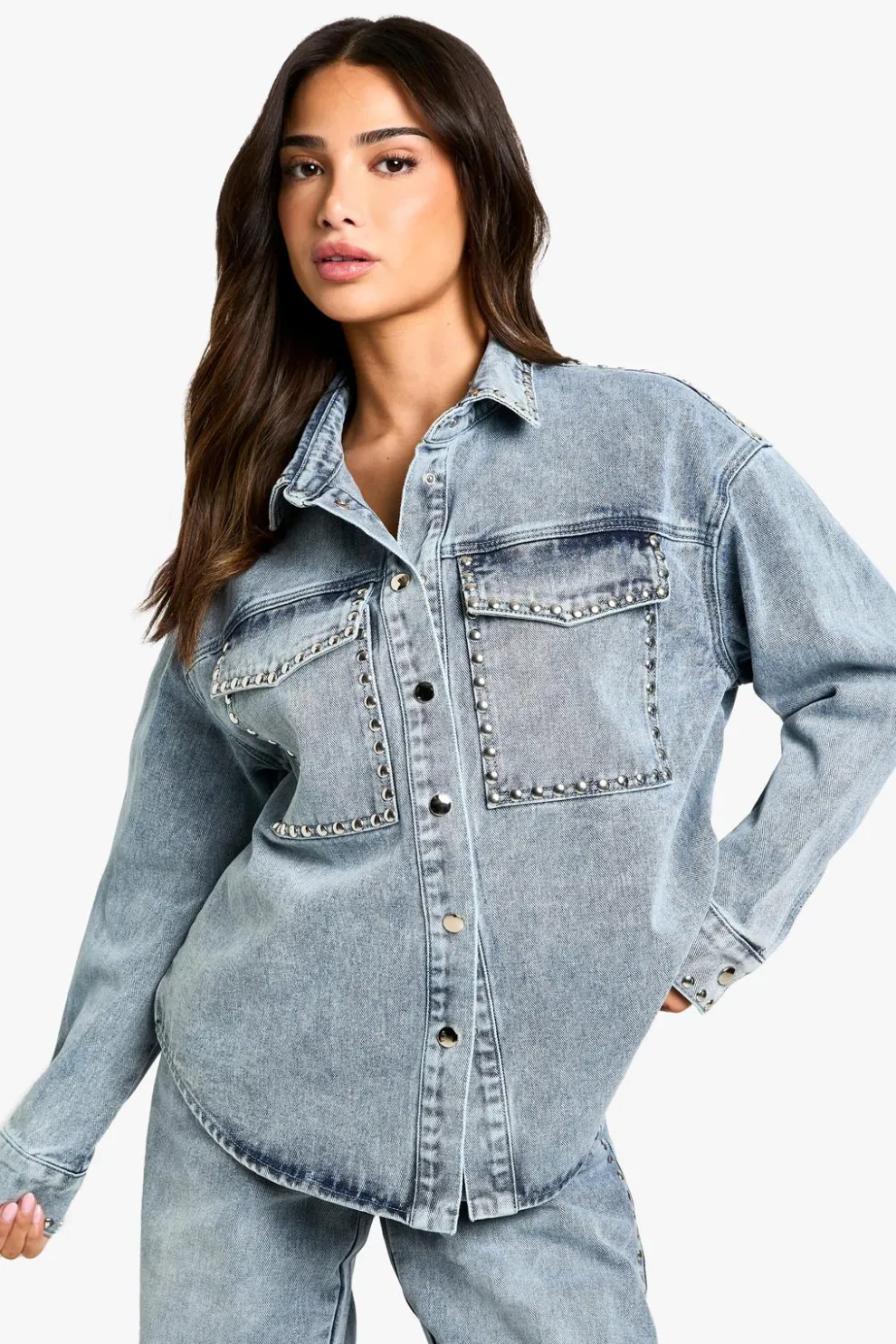 Petite Stud Detail Denim Oversized Shirt | Nasty Gal