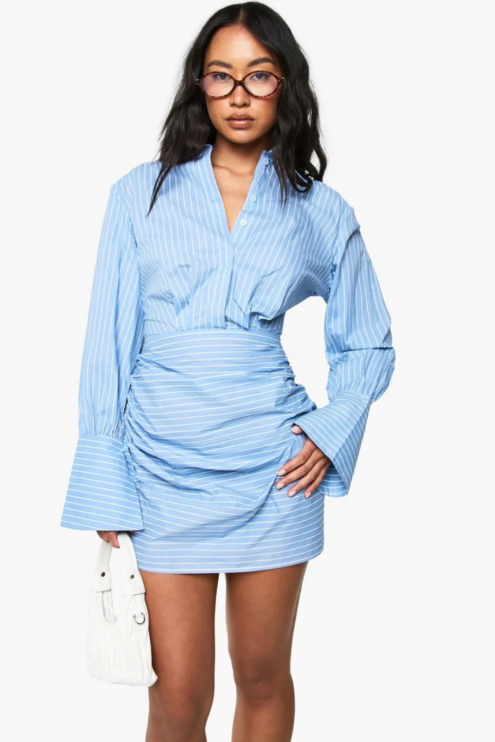 Stripe Ruched Flare Cuff Shirt Dress | Nasty Gal