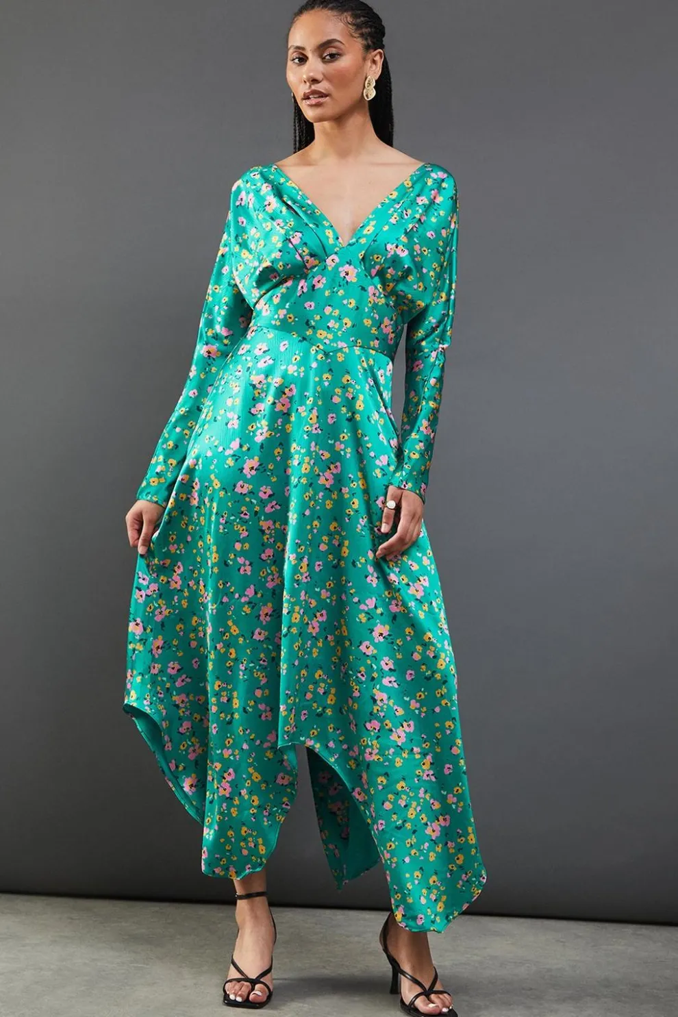 Floral Satin Batwing Waisted Hanky Hem Midi Dress | Nasty Gal