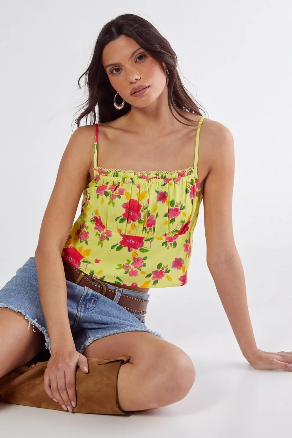 Floral Linen Mix Lace Trim Soft Corset Top | Nasty Gal