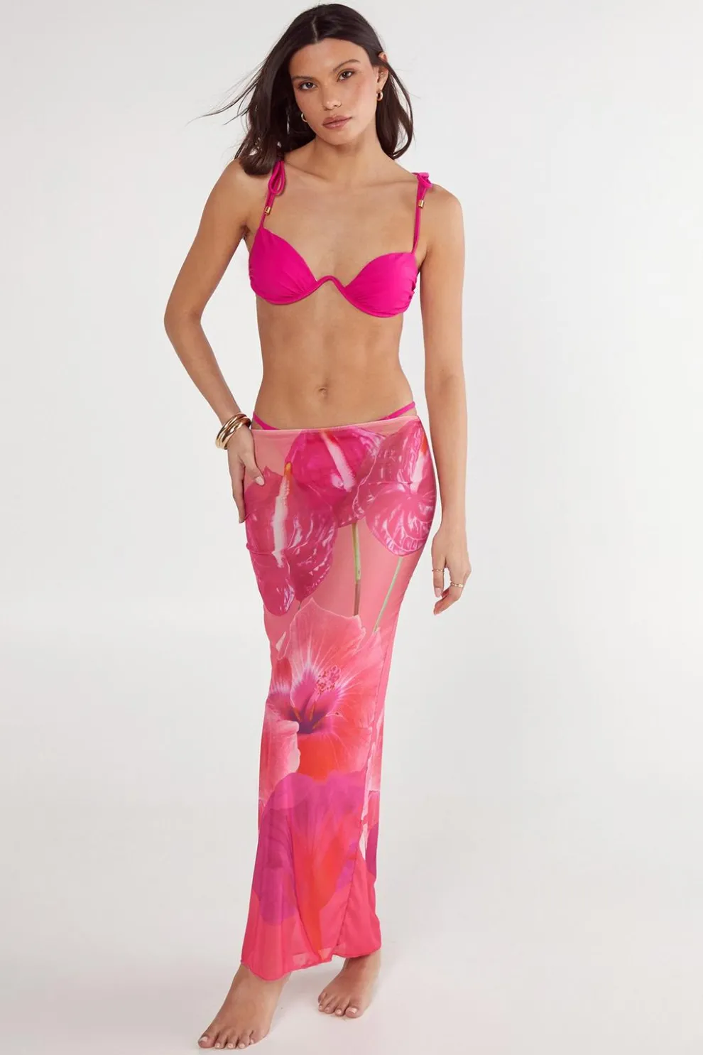 V Wire Tie Shoulder Placement Print Flower Maxi Skirt 3pc Set | Nasty Gal