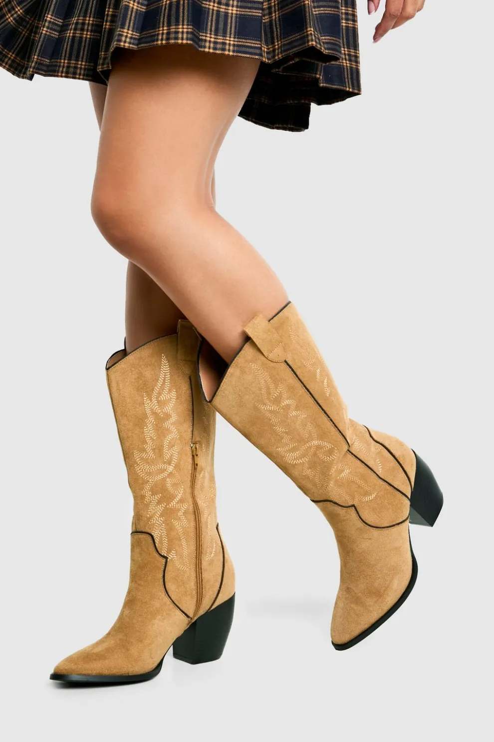 Faux Suede Embroidered Contrast Detail Western Boots | Nasty Gal