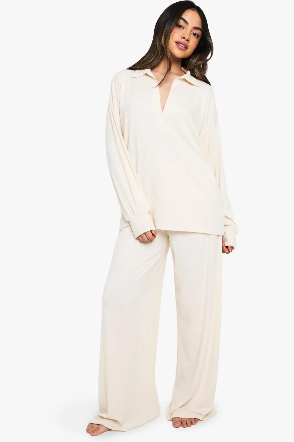 Loungewear Soft Rib Collared Long Sleeve Top & Trousers Pyjama Set | Nasty Gal