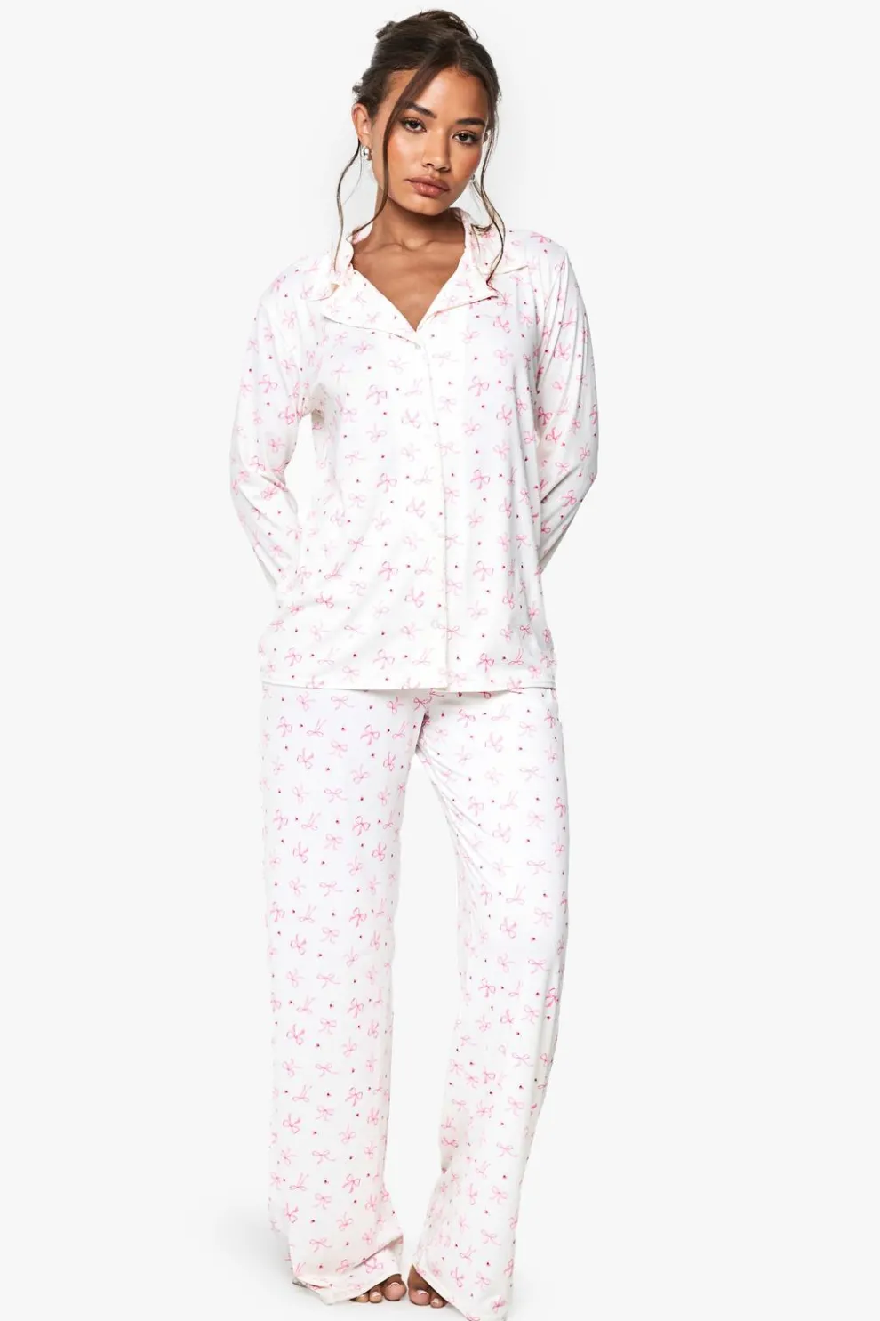 Bow Print Long Sleeve Shirt & Trousers Pyjama Set | Nasty Gal