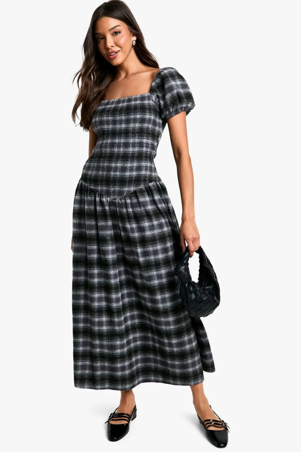 Shirred Check Midaxi Dress | Nasty Gal
